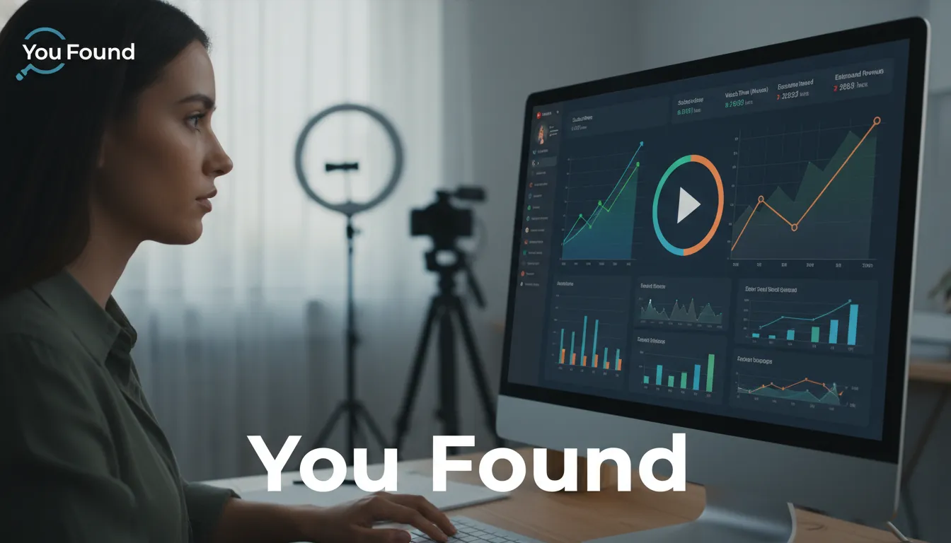 Visualização realista do posicionamento estratégico no YouTube, com dashboard de analytics mostrando crescimento e engajamento, marca You Found em evidência no vsl.