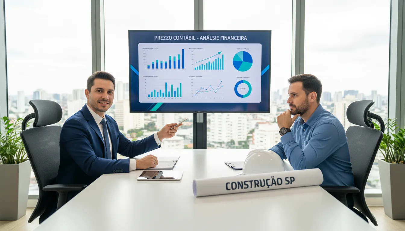 Imagem de um escritório moderno com um consultor financeiro da Prezzo Contábil orientando o proprietário de uma construtora, demonstrando a Contabilidade Especializada em Construção Civil em São Paulo.