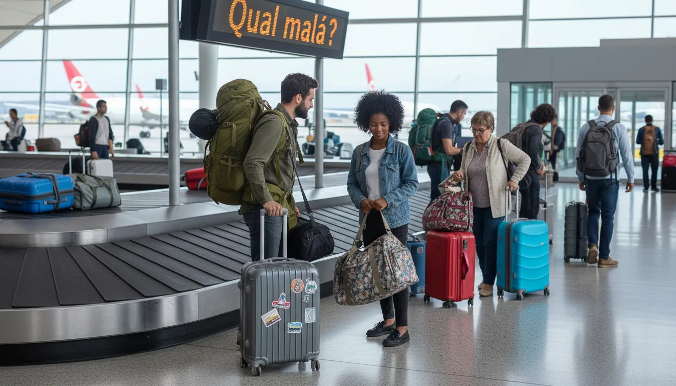 Diversos viajantes em um aeroporto com diferentes tipos de malas de viagem, destacando a variedade de opções.