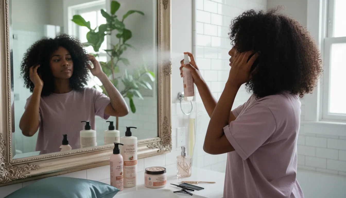 Mulher com cabelo cacheado revitalizando os fios com borrifador em ambiente natural, com fronha de cetim ao fundo