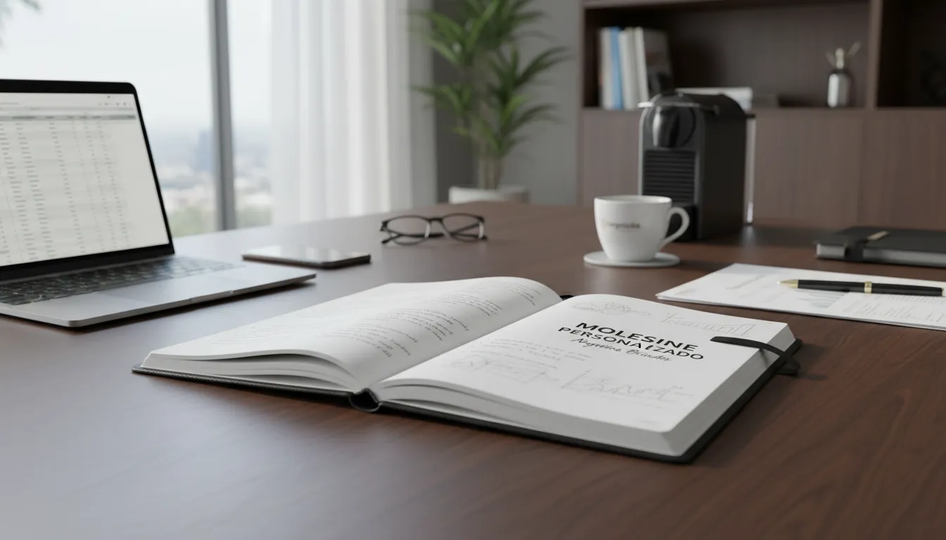 Visão ampla de um escritório moderno com um moleskine personalizado da Nogueira Brindes em destaque, mostrando seu uso prático e elegante.