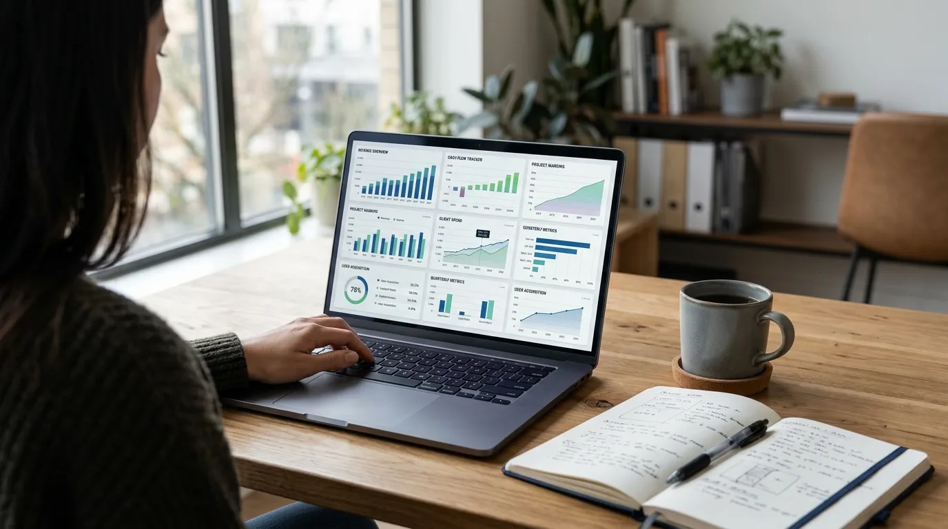 Gestão financeira e contabilidade para agências de marketing analisando métricas de faturamento.