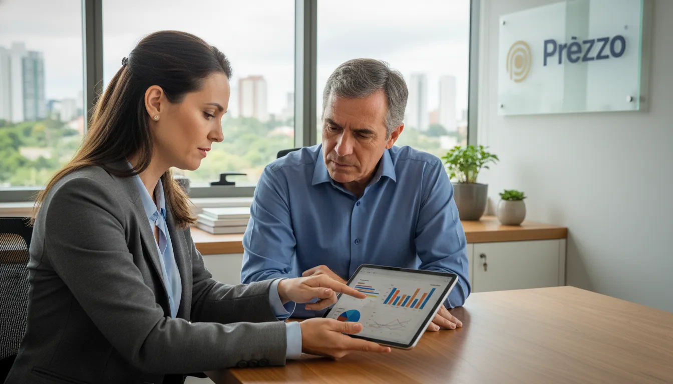 Consultor financeiro aconselhando um diretor escolar em São Paulo sobre Contabilidade para Escolas, mostrando gráficos em um tablet.