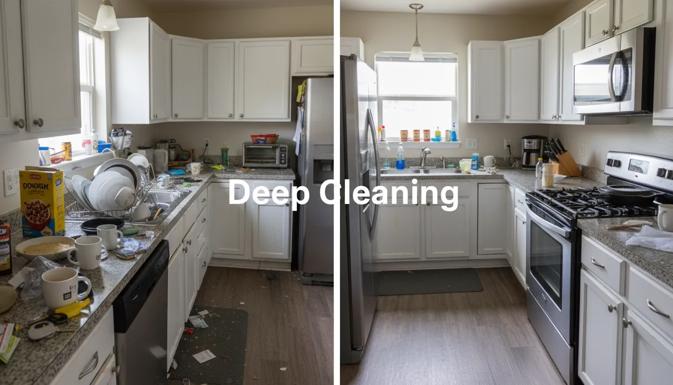 Before-and-after kitchen cleaning showcasing deep cleaning service offered by house cleaning companies near me, highlighting the dramatic transformation.