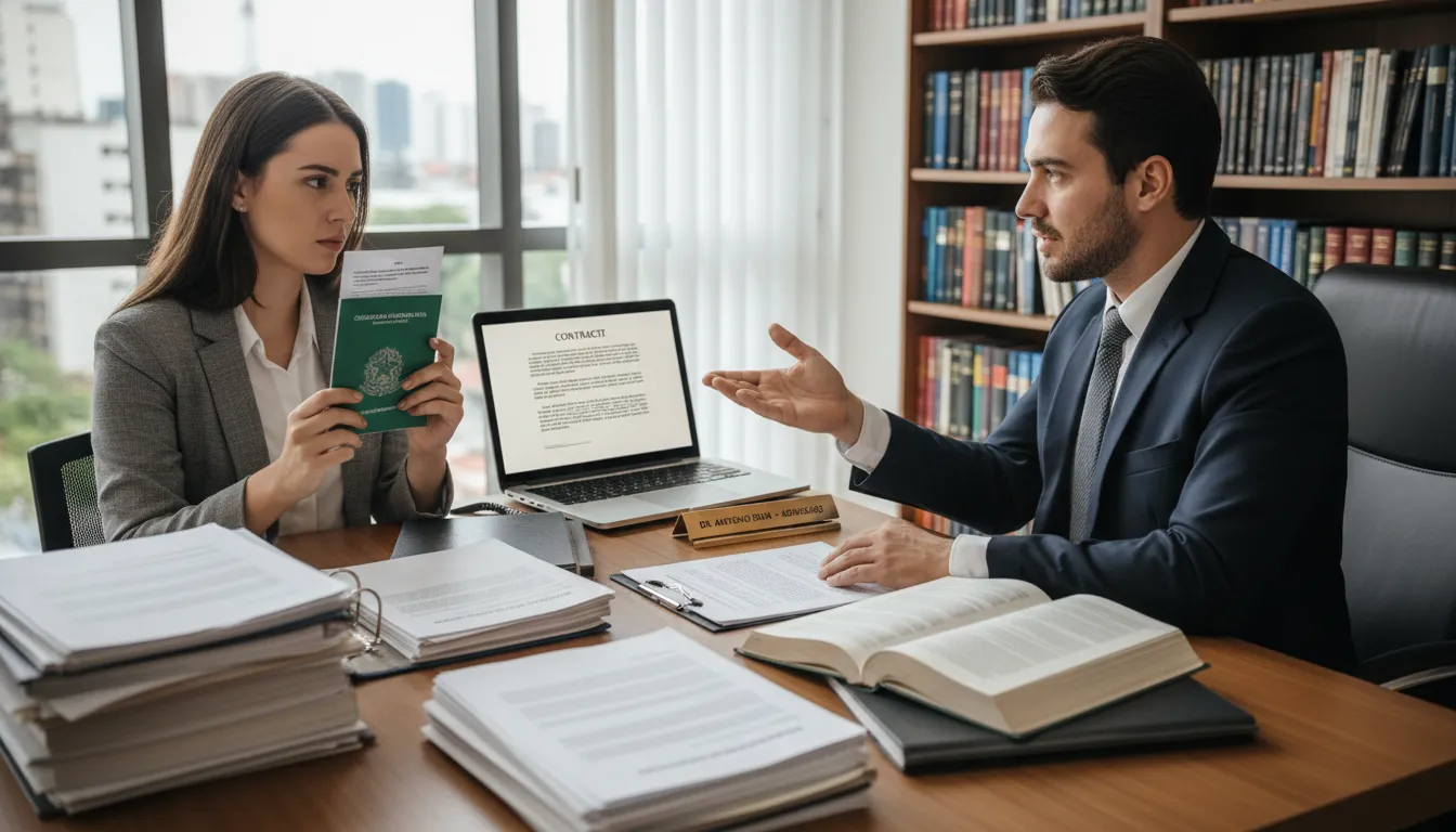 Advogado orienta cliente sobre direitos na rescisão de contrato, com documentos e carteira de trabalho na mesa