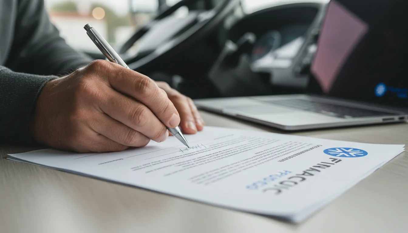 Close-up da assinatura de um contrato de financiamento de caminhão para autônomos, com o logo da Financia Tudo no documento.