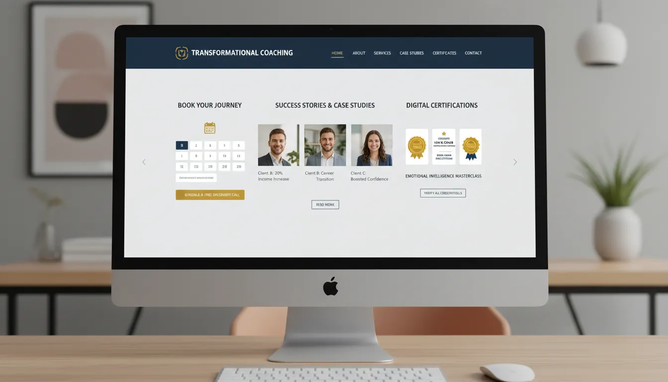 Site para Coach/Consultor em 2026: Autoridade e Vendas 1 Site de coach exibindo booking, cases de sucesso e certificações digitais em tela de computador fotorrealista.
