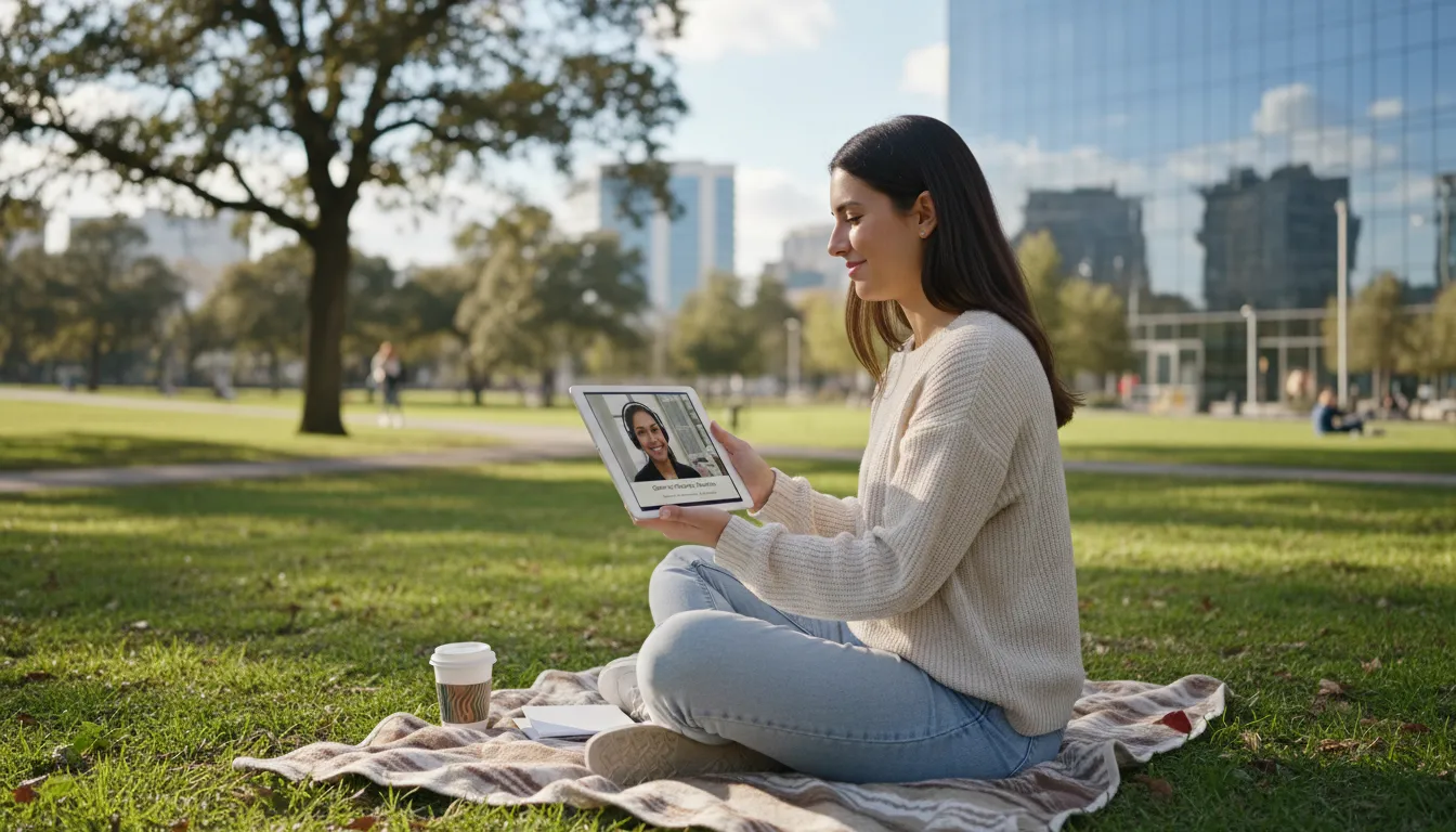 Jovem em parque participando de terapia online, mostrando flexibilidade e acessibilidade do atendimento virtual.