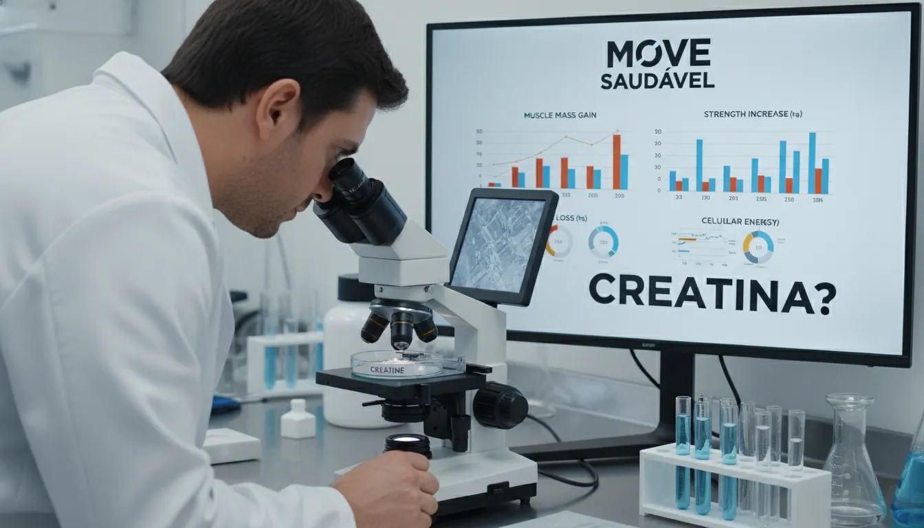 Um cientista analisando creatina em laboratório, com gráficos ao fundo mostrando dados sobre os efeitos da creatina, representando o artigo sobre se creatina engorda ou emagrece.