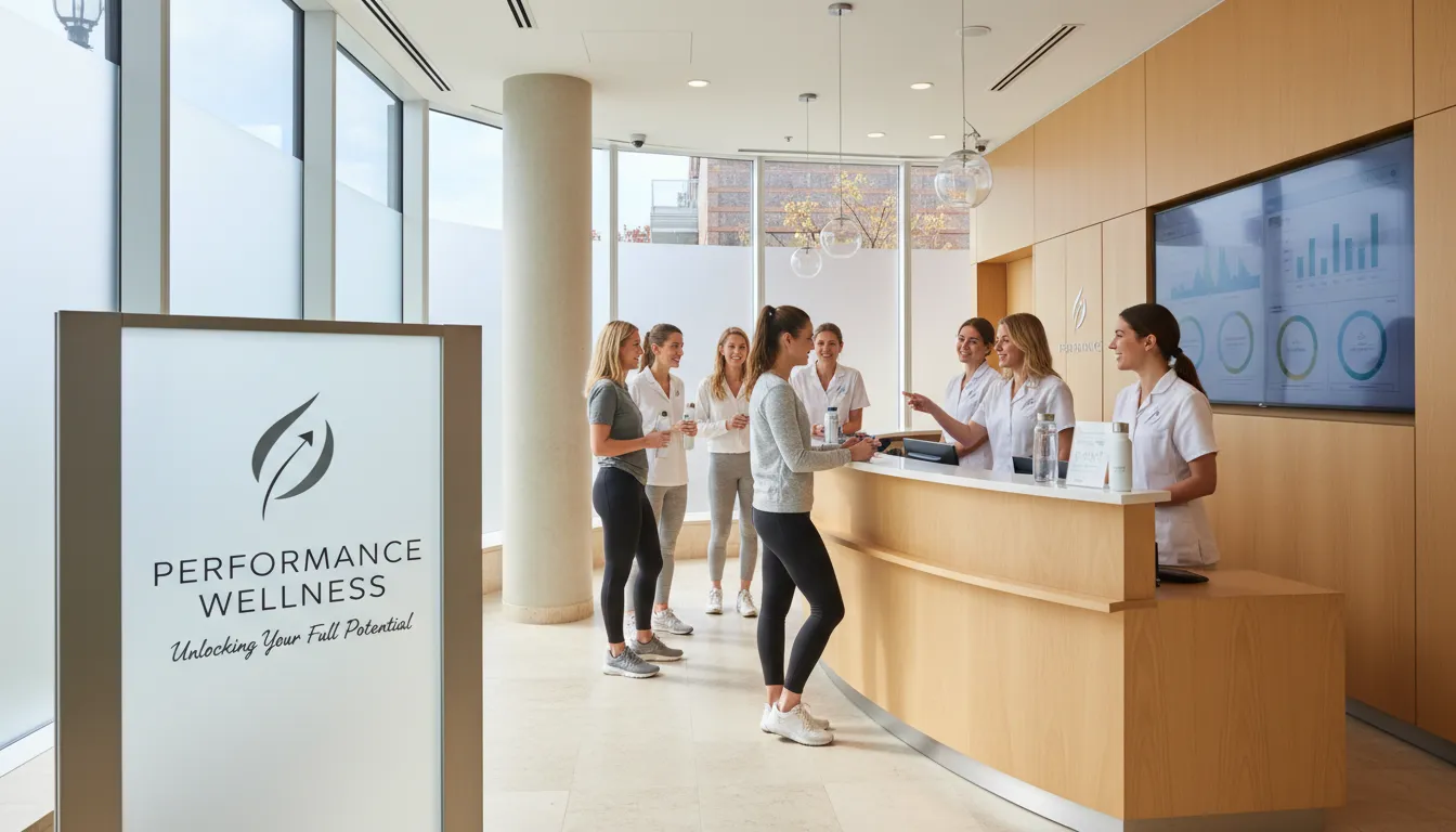 Recepção elegante de uma clínica de bem-estar com clientes satisfeitos, representando o sucesso de uma estratégia de marketing b2b focada na aquisição de clientes.