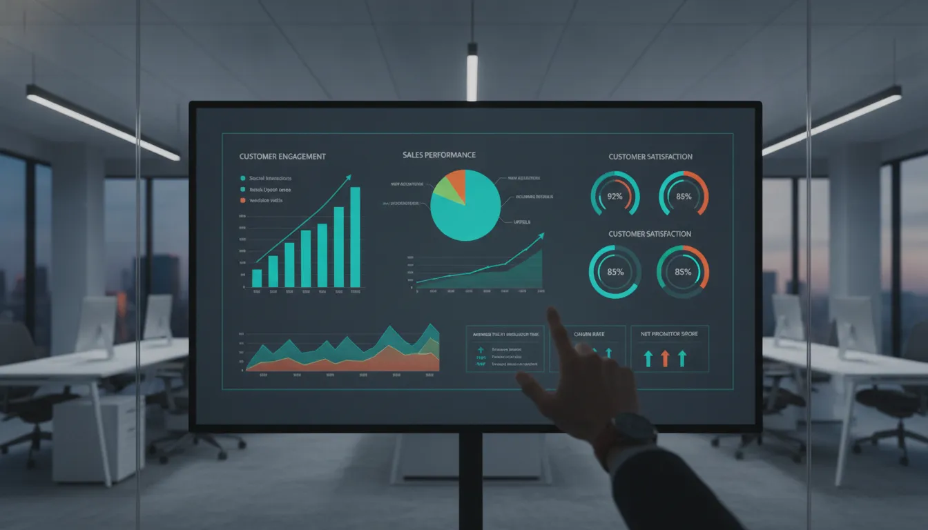 Painel digital exibe métricas de relação com clientes, vendas e satisfação para decisões estratégicas.
