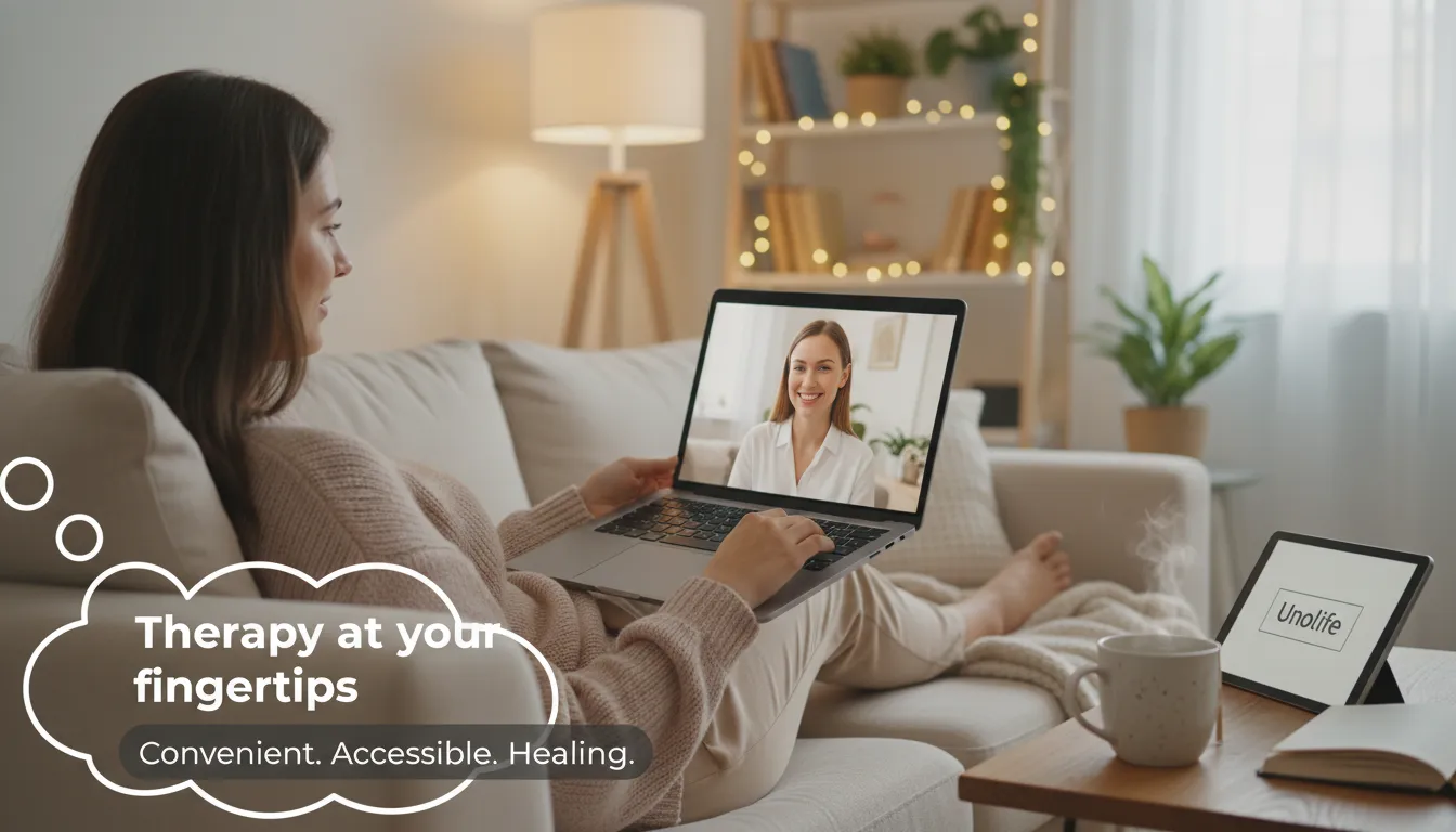 Ilustração de diferentes abordagens de terapia online, incluindo Terapia Cognitivo-Comportamental (TCC), Terapia Comportamental Dialética (DBT) e terapia de casal, todas acessíveis através de plataformas online.