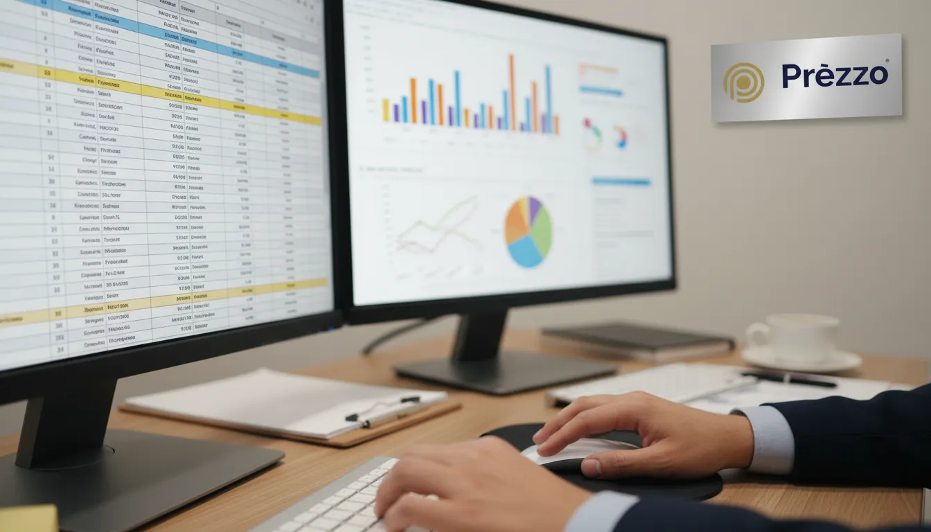 Detalhe de mãos trabalhando em planilha financeira, representando um escritório de contabilidade.