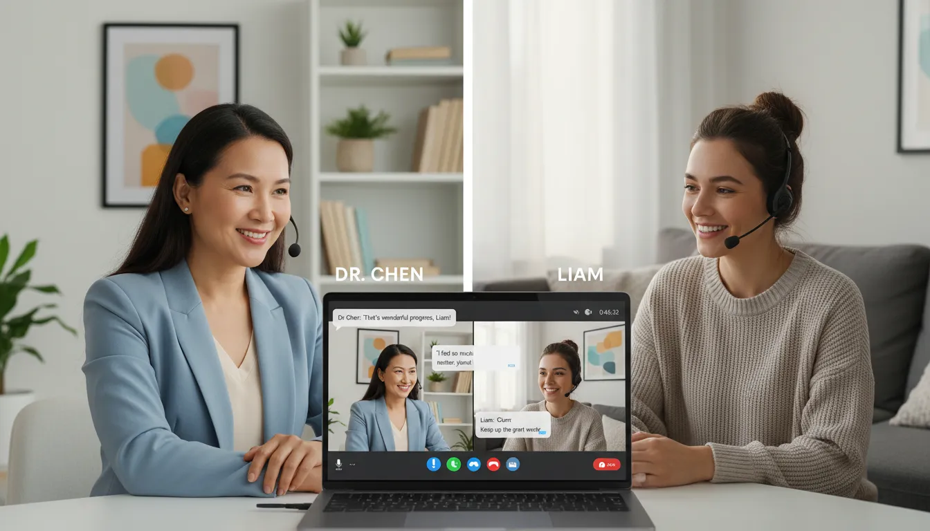 Terapeuta e paciente em vídeo chamada, ambos sorrindo em ambientes acolhedores.
