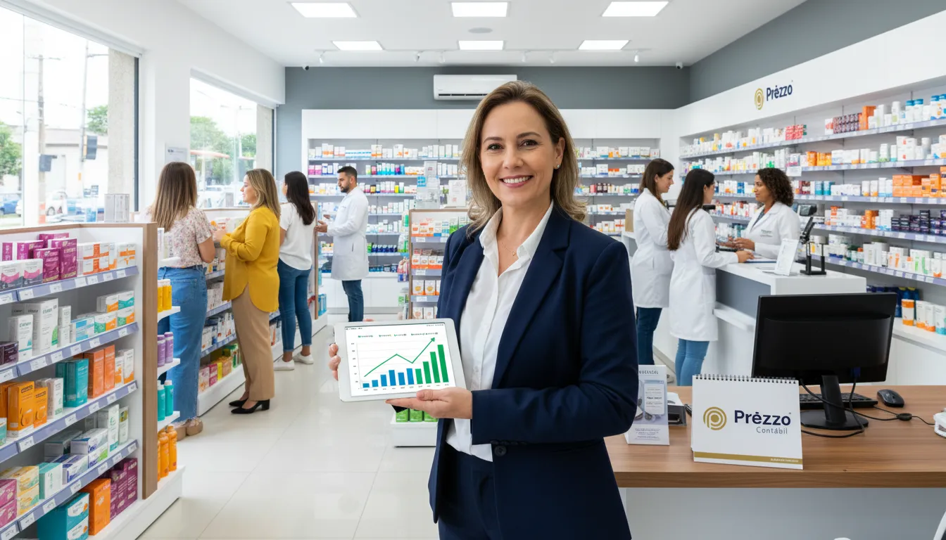 Farmácia próspera com a proprietária confiante, resultado da tranquilidade fiscal e contabilidade para farmácias.