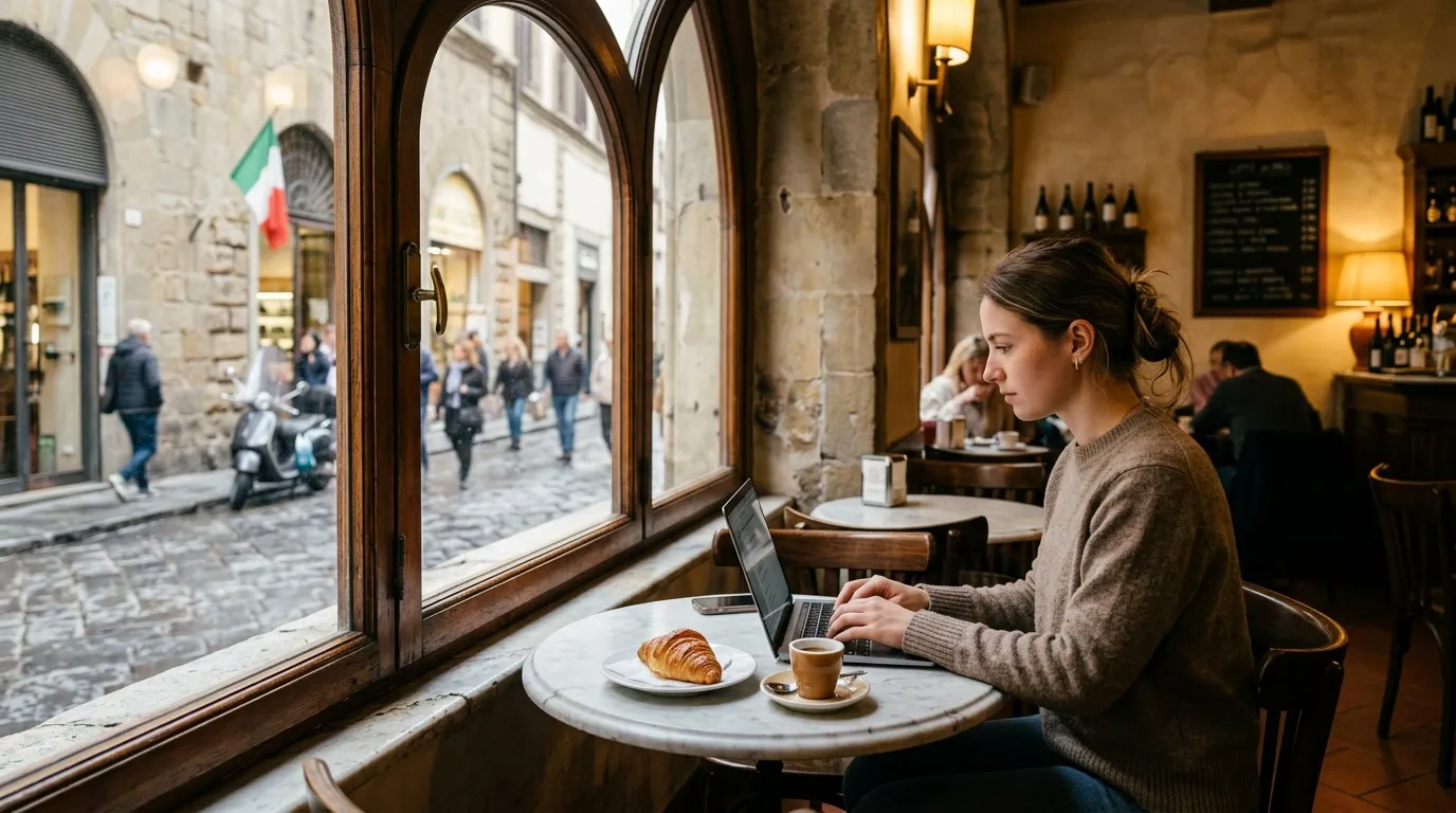 Pessoa trabalhando em home office italia dentro de cafe tradicional charmoso com vista para rua.