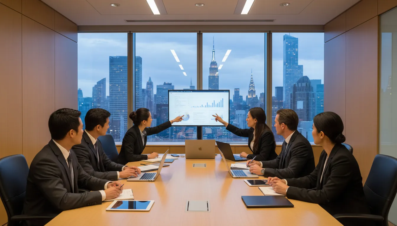 Equipe diversa de consultores financeiros discutindo estratégias de otimização fiscal com um contador para brasileiros nos EUA em Nova York.