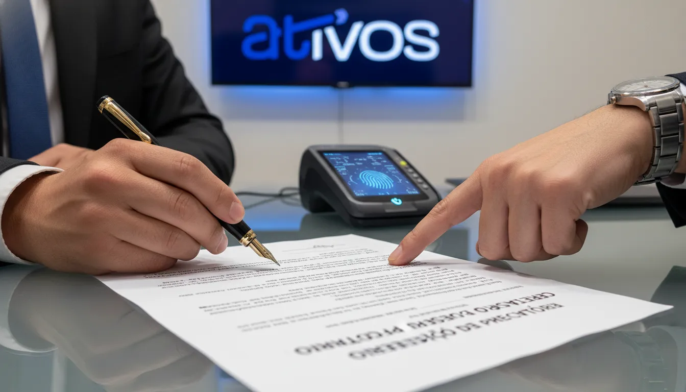 Detalhe de mãos realizando uma transação segura para a expedição de precatório, destacando a segurança jurídica e a assinatura.