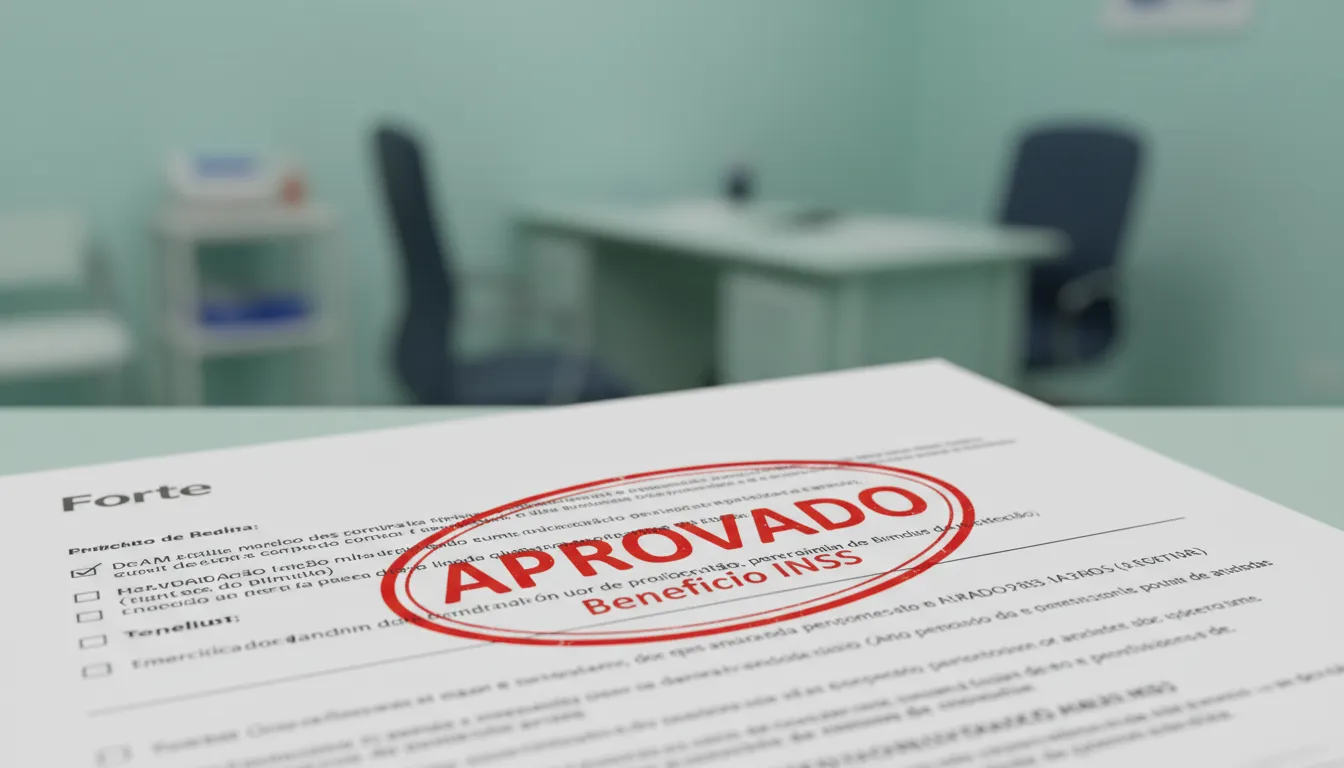 Detalhe de um relatório médico com o carimbo 'APROVADO', simbolizando o sucesso na perícia médica INSS.