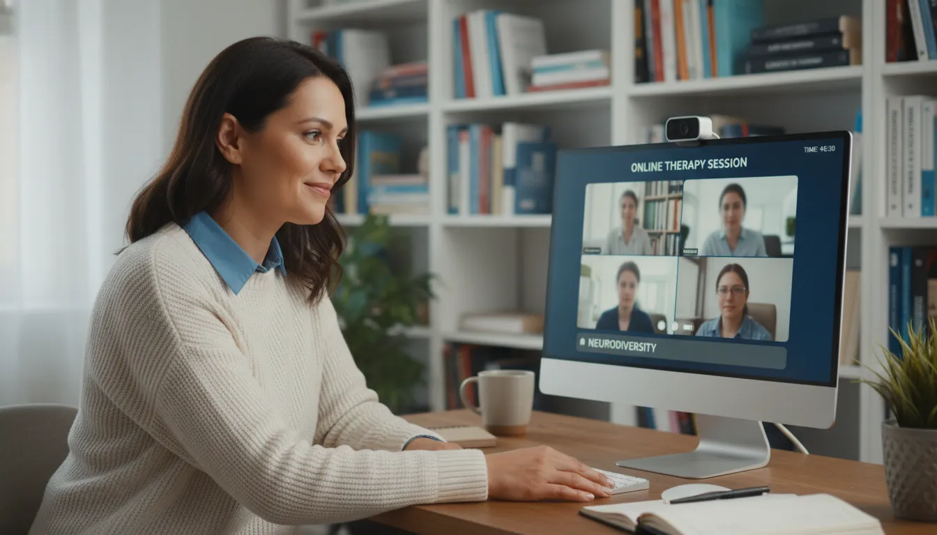 Psicóloga no home office durante videossessão, transmitindo segurança, profissionalismo e acolhimento para autistas.