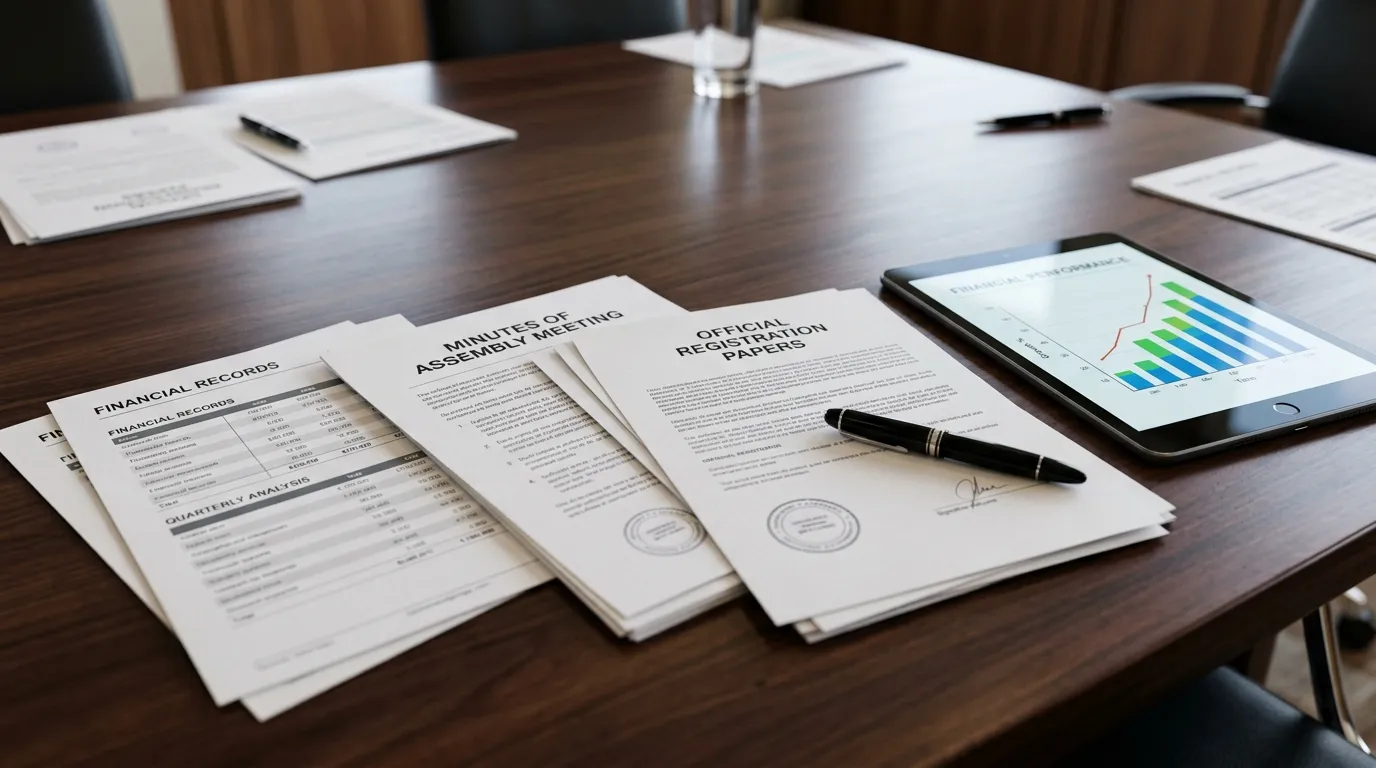 Papelada e documentos para empréstimo de condomínio organizados sobre a mesa de reunião.