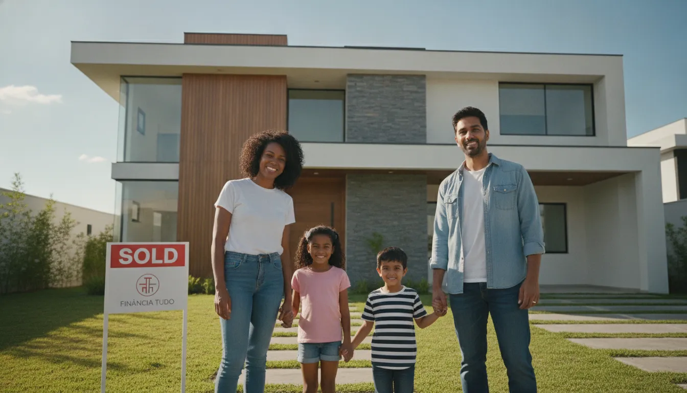 Família feliz em frente à casa nova, simbolizando sucesso no financiamento imobiliário para autônomos.