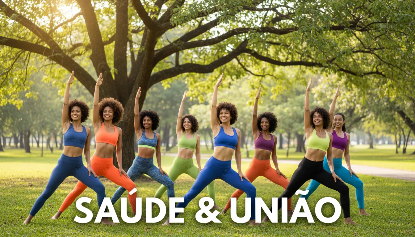 Mulheres praticam exercícios ao ar livre mostrando hábitos saudáveis na menopausa.