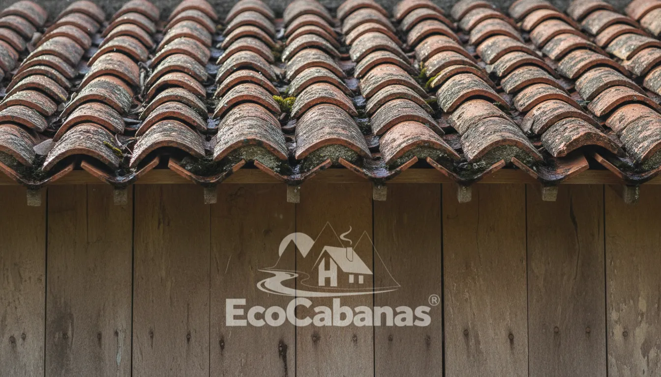 Detalhe da telha colonial no telhado da cabana, com textura envelhecida, demonstrando a durabilidade e o charme da construção rústica.