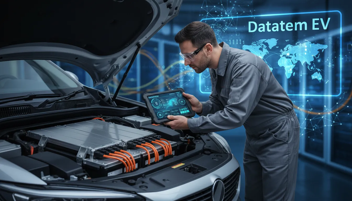 Técnico inspecionando bateria de veículos elétricos com dados telemétricos em tempo real, ilustrando a conectividade IoT da Datatem para monitoramento.