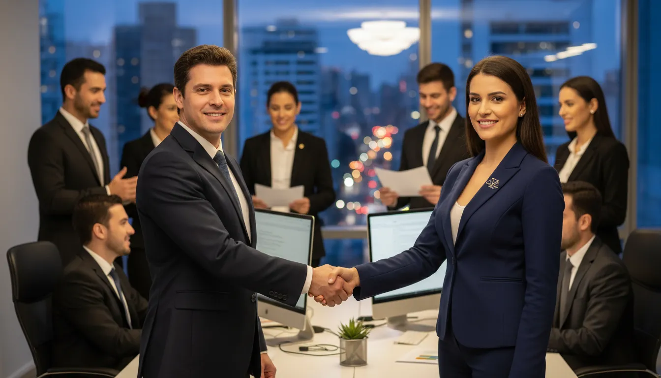Executivo e advogada apertando as mãos, simbolizando sucesso e parceria em um acordo coletivo de trabalho estratégico.