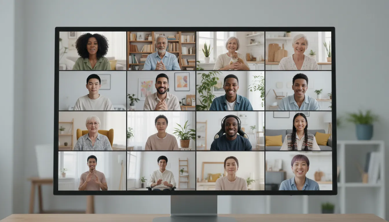 Grupo diverso em reunião de apoio virtual para saúde mental, compartilhando experiências e apoio mútuo.