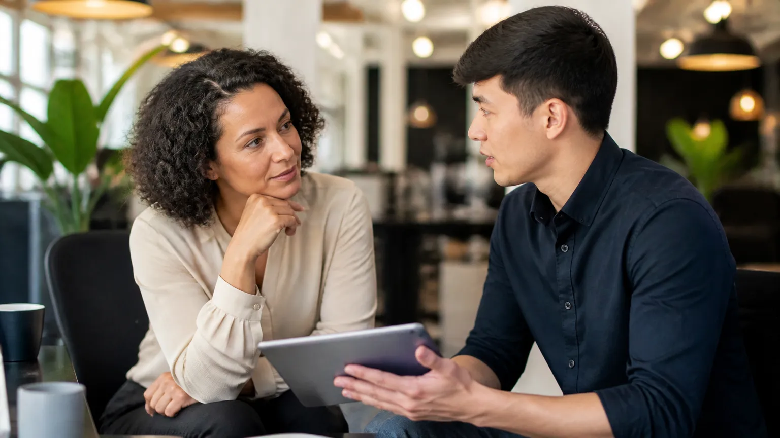 Gestor promovendo conexão interpessoal e feedback em conversa individual com colaboradora.