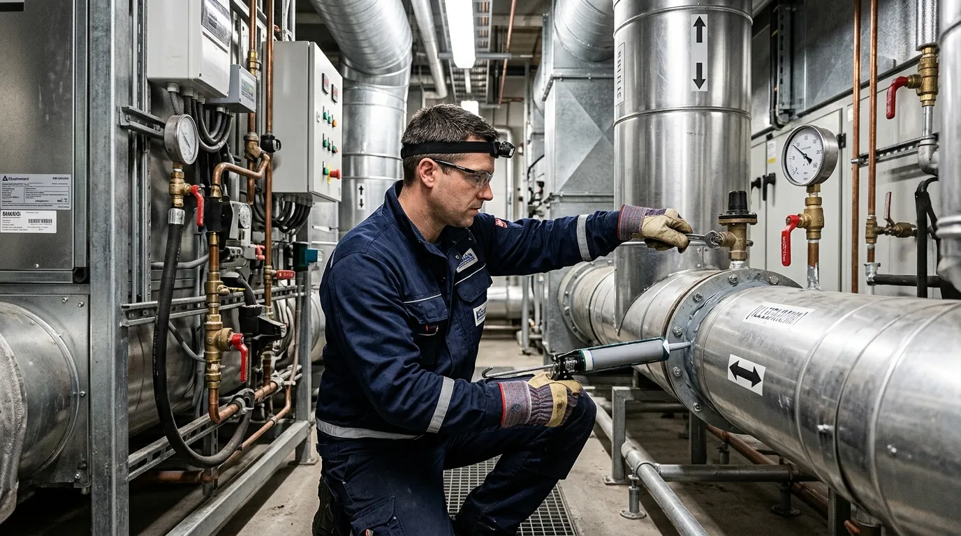 Manutenção técnica em tubulações para aumentar a eficiência energética do ar condicionado industrial.