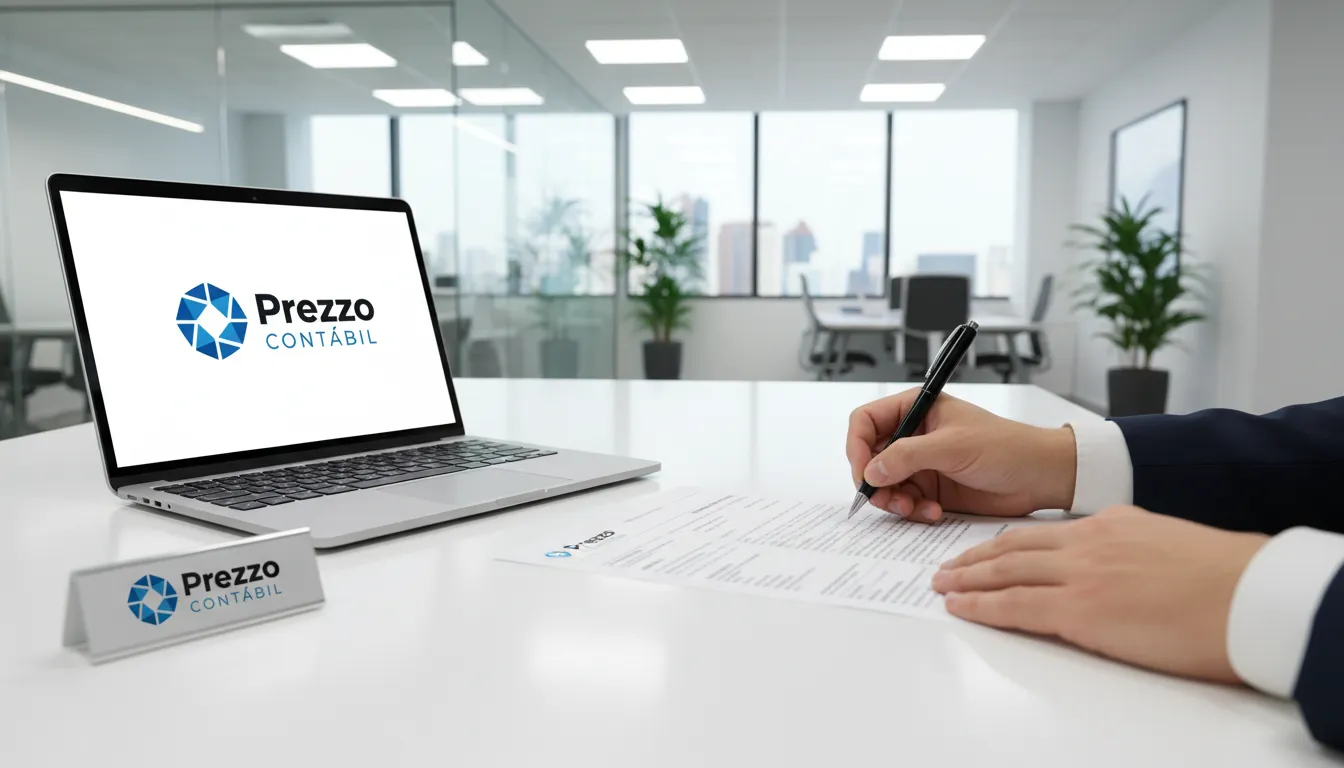 Close-up de mãos assinando formulário de imposto em mesa com laptop mostrando o logo da Prezzo Contábil. Reforma tributária e espaço de escritório iluminado ao fundo.