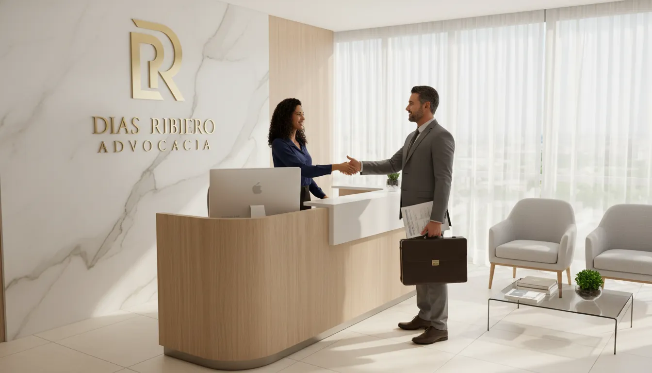 Recepção da Dias Ribeiro Advocacia em Santo Antônio de Jesus, onde um advogado recebe um cliente para consultoria sobre plano de saúde.