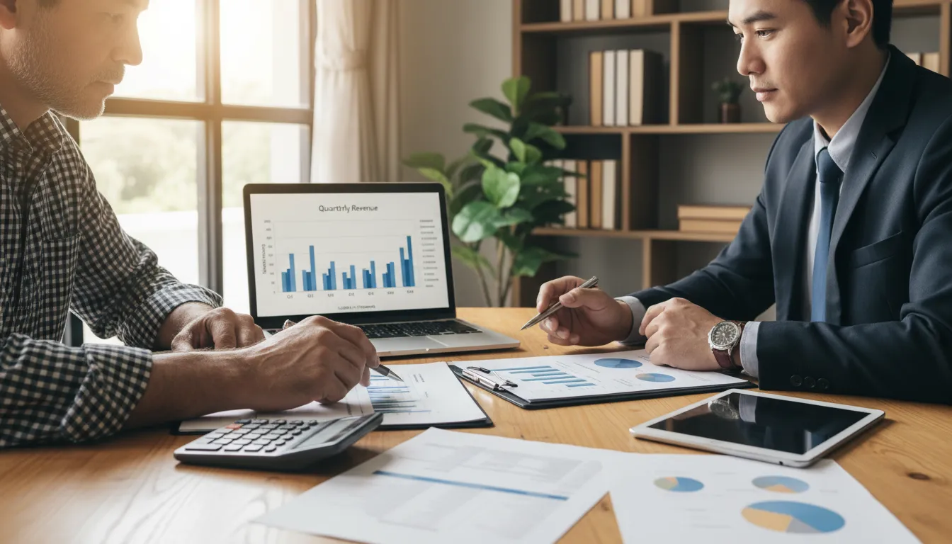 Proprietário de caminhão e consultor financeiro analisando documentos e gráficos em um escritório bem iluminado.