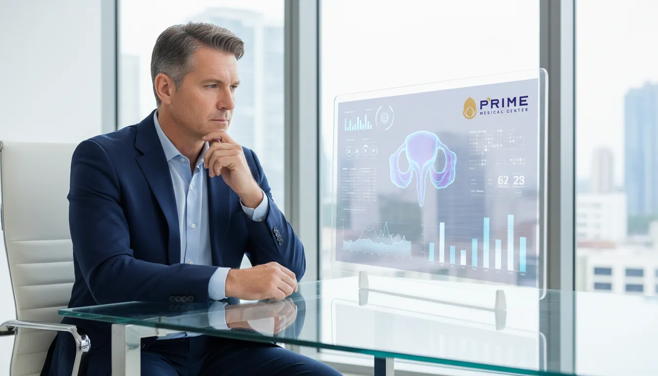 Homem de meia-idade pensando na saúde da próstata e prevenção, com ilustração médica do exame PSA. Consciência e bem-estar.