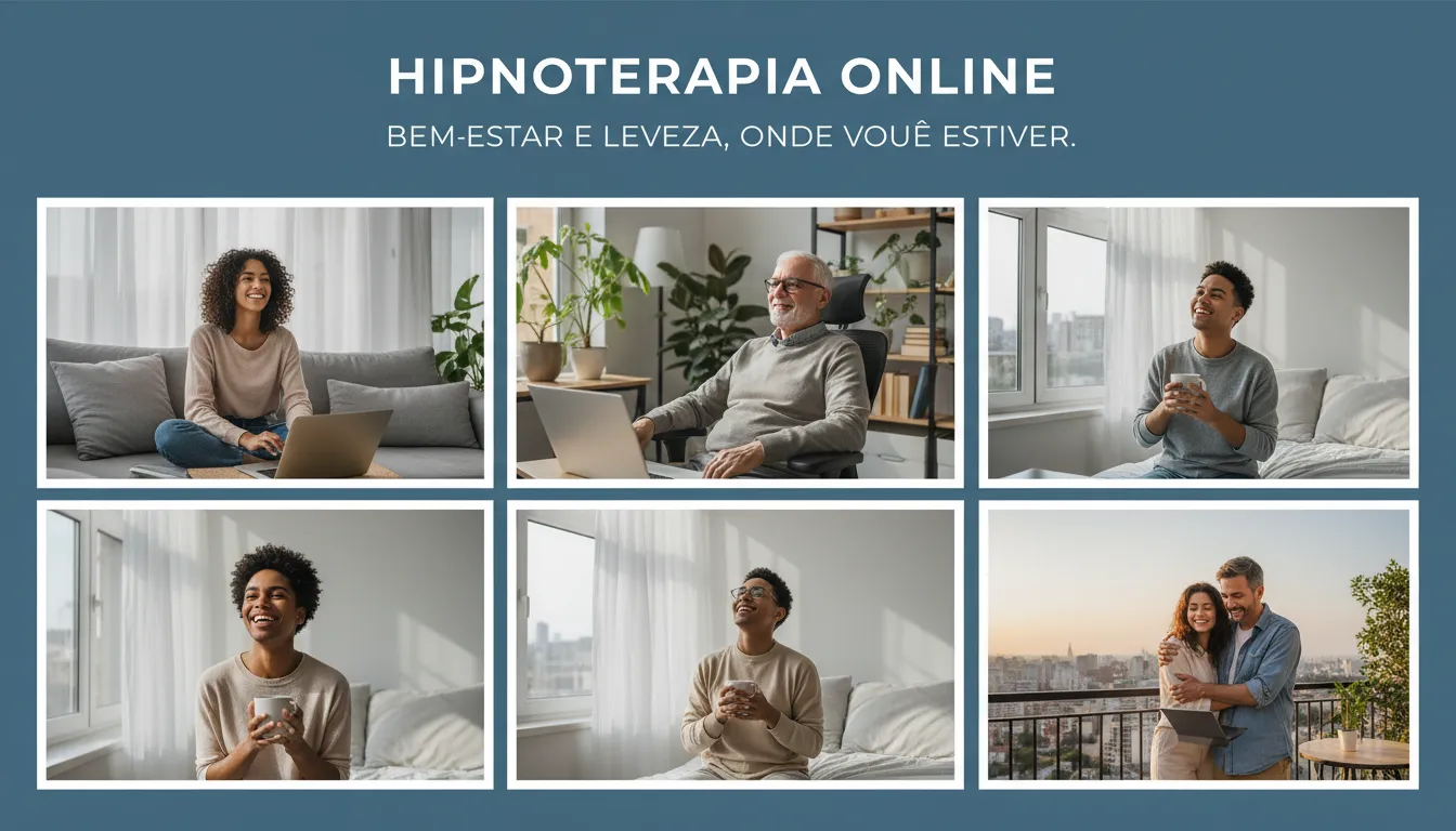 Pessoas de diferentes perfis demonstrando bem-estar após a hipnoterapia online em casa.