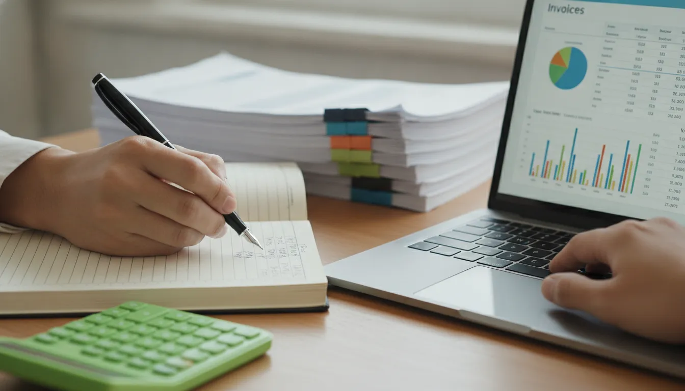 Mãos organizam minuciosamente ledgers e planilhas, demonstrando precisão no nonprofit bookkeeping service.