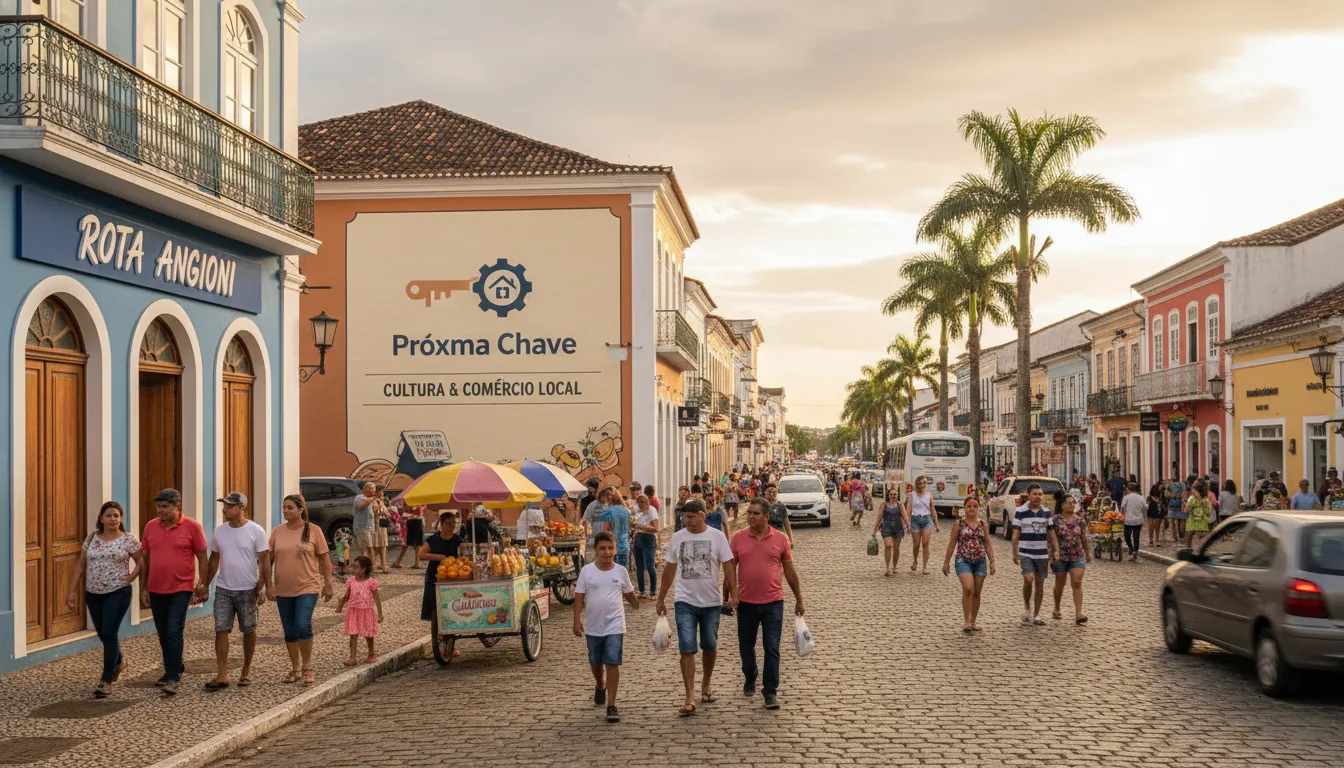 Cena urbana vibrante em José Bonifácio, SP, com lojas locais e edifícios históricos. O logo da Próxima Chave está sutilmente presente, representando o turismo local em josé bonifácio sp.