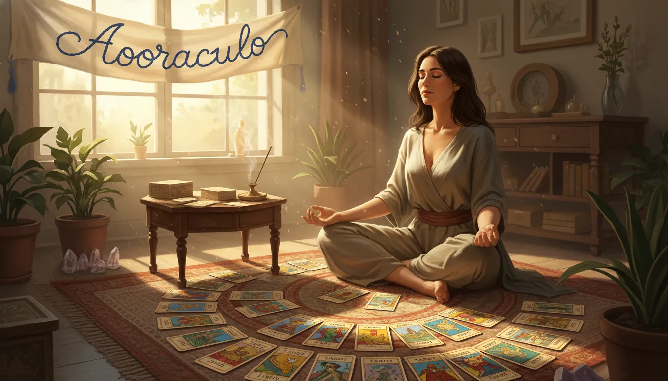 Mulher meditando com cartas de tarot, representando o uso do tarot para revolucionar a vida pessoal e encontrar a paz interior. Aooraculo Blog em destaque.