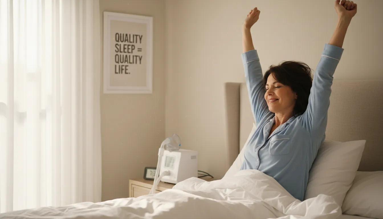 Mulher sorridente acordando, com CPAP ao fundo, sinalizando melhora na qualidade de vida pelo tratamento.