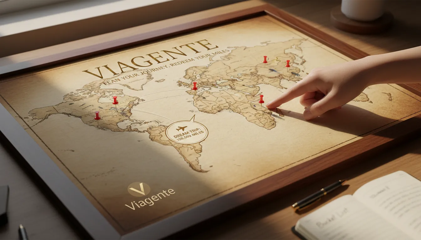 Um mapa mundial com destinos marcados, representando o planejamento de viagens usando milhas acumuladas com a Viagente. Saiba como funcionam milhas e planeje sua próxima aventura.