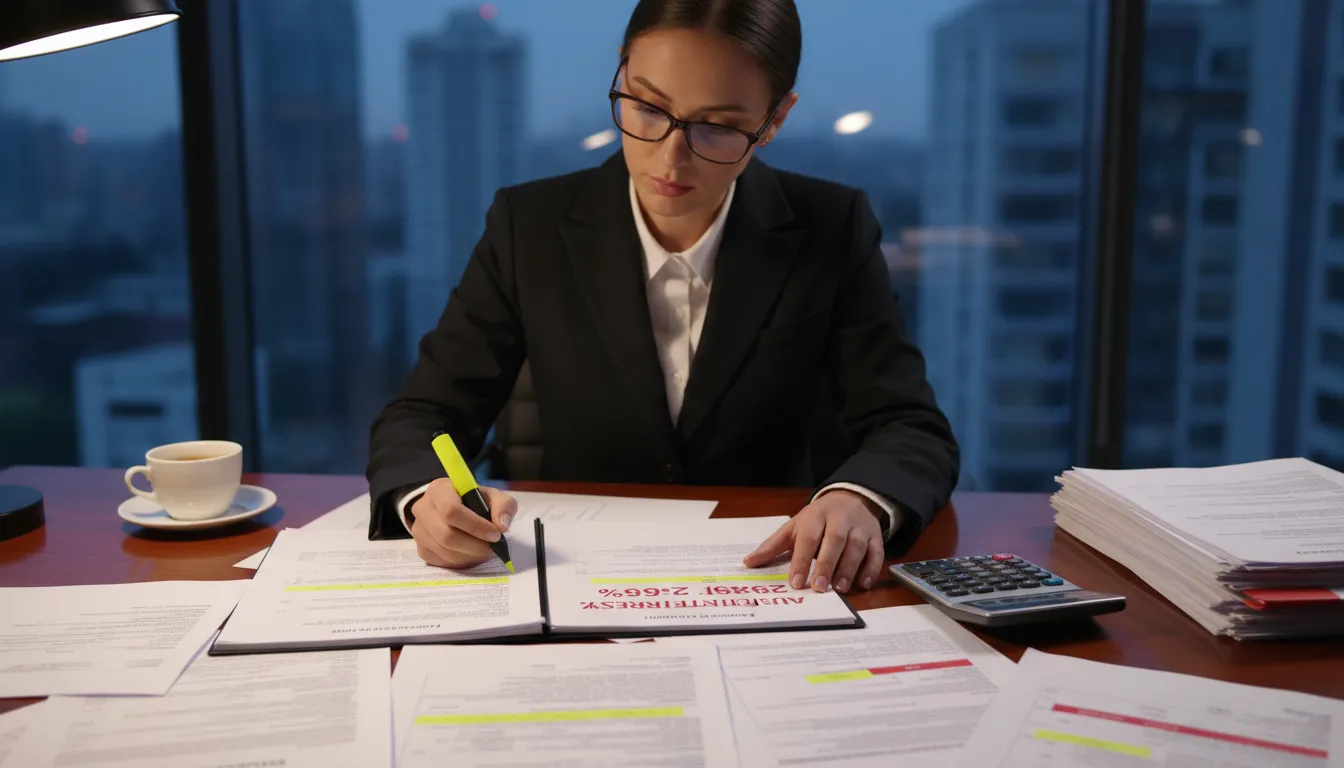 Empresário analisando contratos e identificando juros abusivos com auxílio de documentos e calculadora