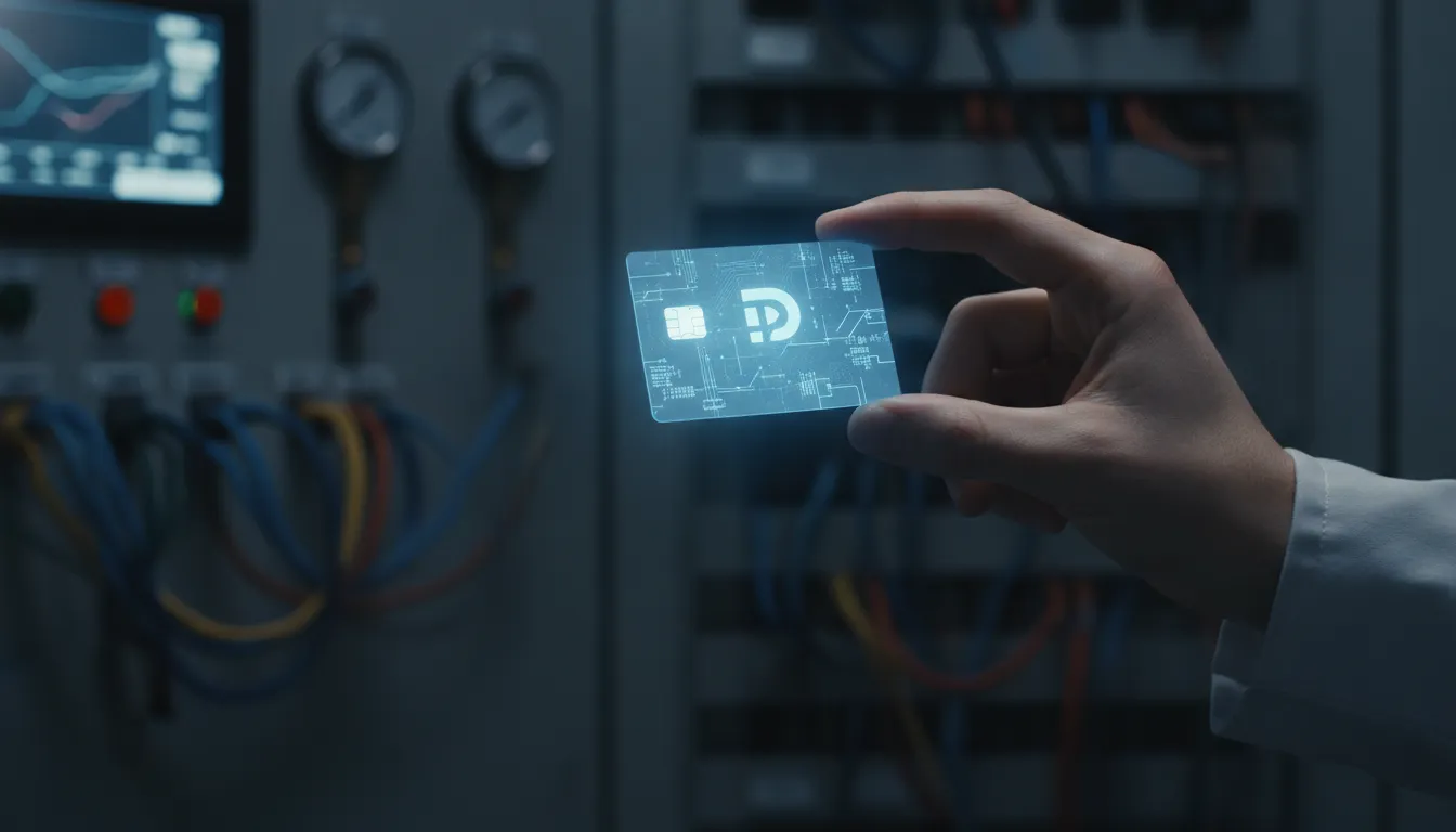 eSIM IoT utilities: Mão de técnico segurando eSIM digital em painel de controle industrial Datatem.