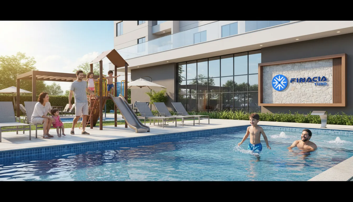 Família aproveita as novas instalações do condomínio, resultado do financiamento para condomínios reformas e apoio da Financia Tudo.