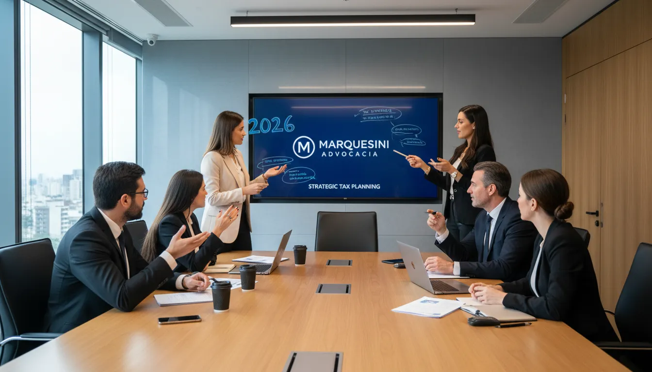 Profissionais discutem estratégias em sala de reunião, focando no planejamento tributário 2026 com a assessoria da Marquesini Advocacia.