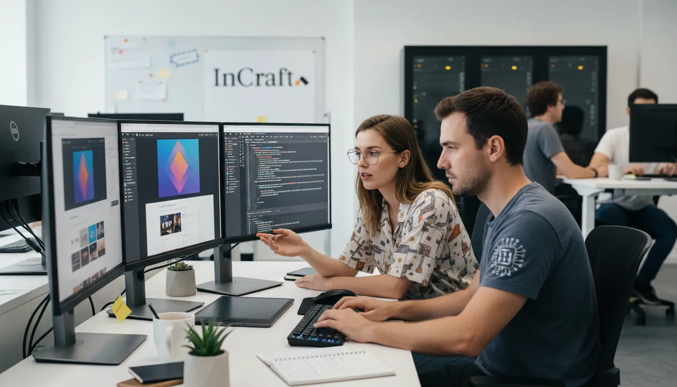 Designer e desenvolvedor web em uma agencia de marketing colaboram na criação de sites com design exclusivo e código otimizado.