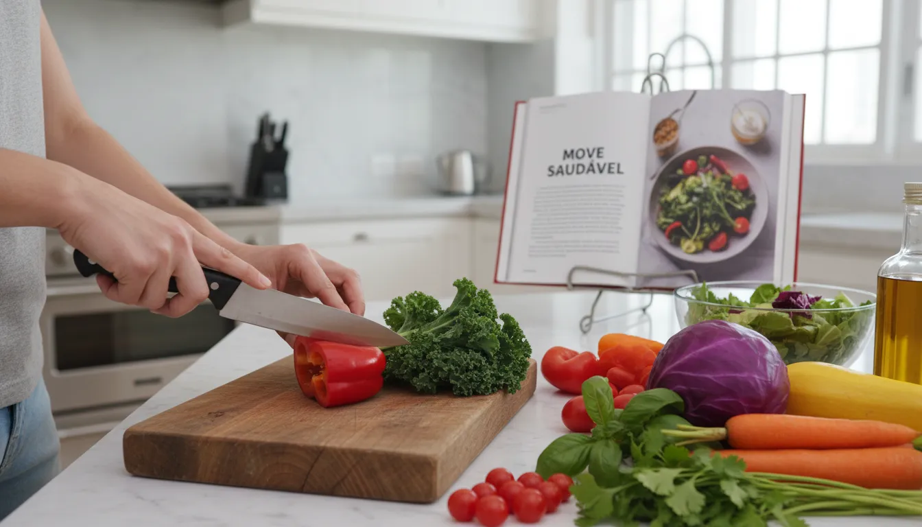 Close-up de uma pessoa preparando alimentos naturais para refeição saudável em uma cozinha moderna, cortando vegetais frescos com uma variedade de ingredientes coloridos.
