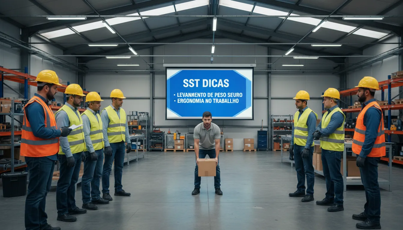 Equipe de trabalhadores participando de um treinamento de segurança, aprendendo técnicas de levantamento adequadas para garantir a segurança no trabalho.
